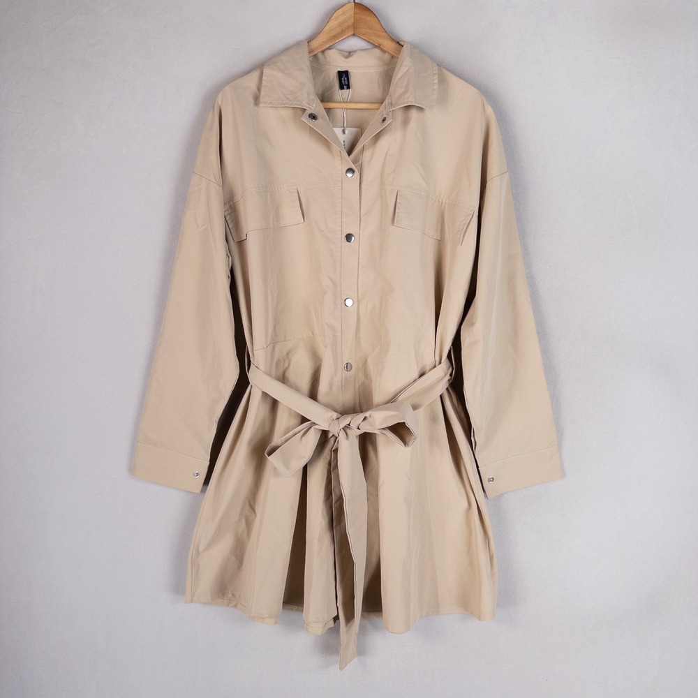 BloomChic Shirt Dress L Tan Khaki Long Sleeve Belted Utility Snap Front Safari